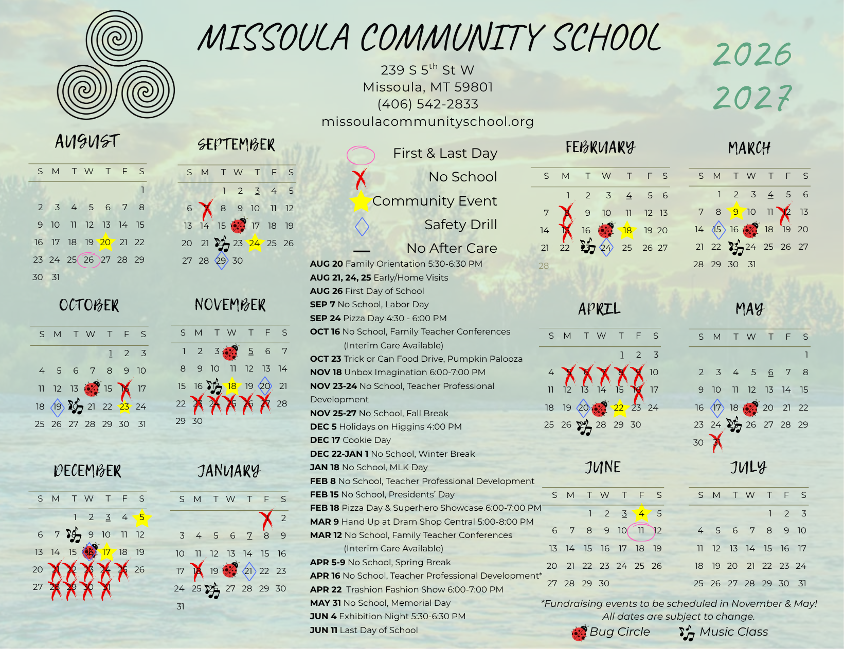 Missoula Community School 2026-2027 school year calendar poster. Monthly grids from August 2026 through July 2027 mark the first and last days of school, no-school days, community events, safety drills, and no-after-care days, with a dated list of the year's events, including Family Orientation on August 20, the first day of school on August 26, Pizza Day on September 24, Pumpkin Palooza on October 23, Unbox Imagination on November 18, Holidays on Higgins on December 5, Cookie Day on December 17, the Superhero Showcase on February 18, Trashion Fashion on April 22, Exhibition Night on June 4, and the last day of school on June 11.