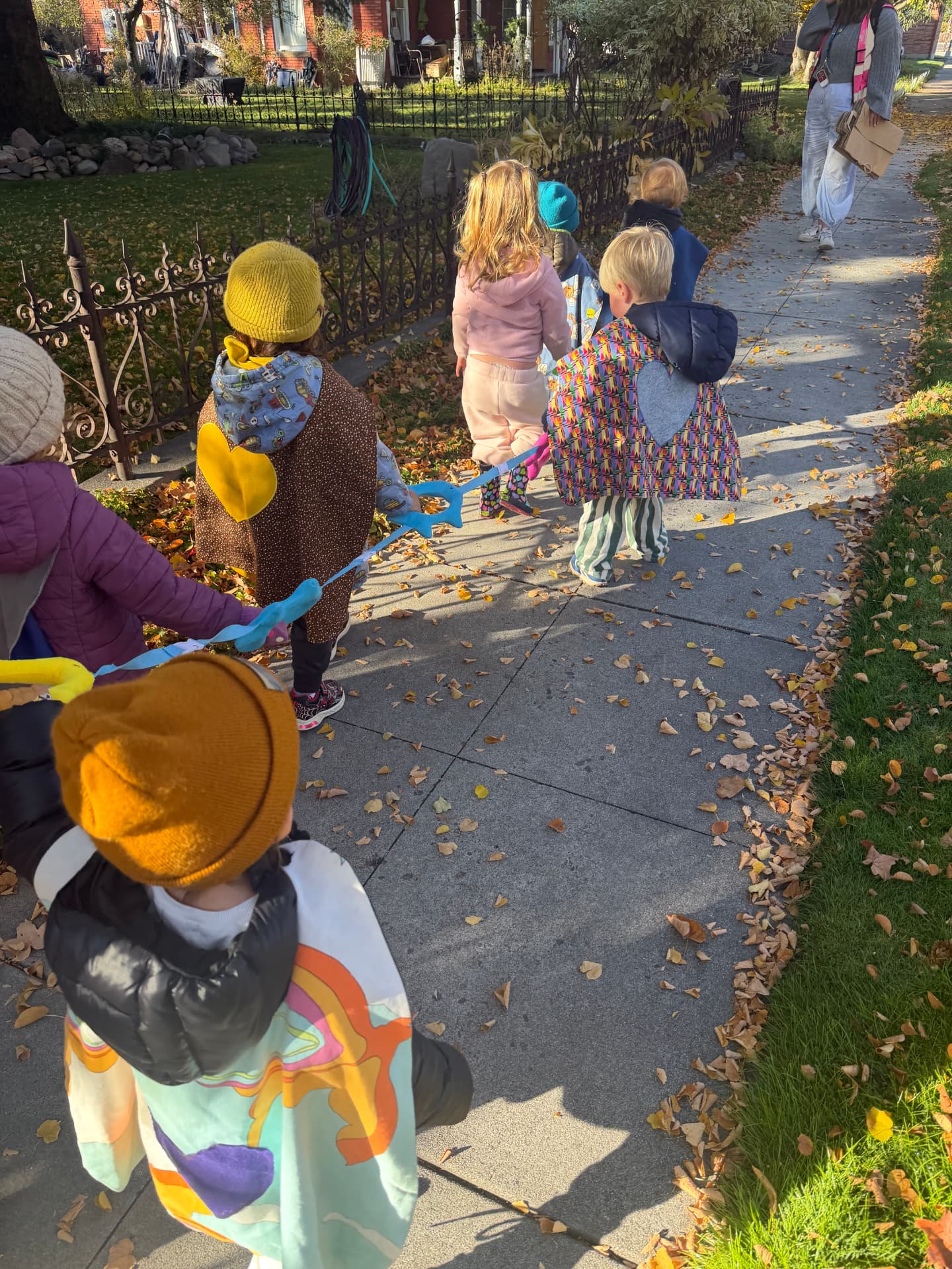 Learners in capes walk single file along a leaf-strewn sidewalk holding the walking rope, seen from above
