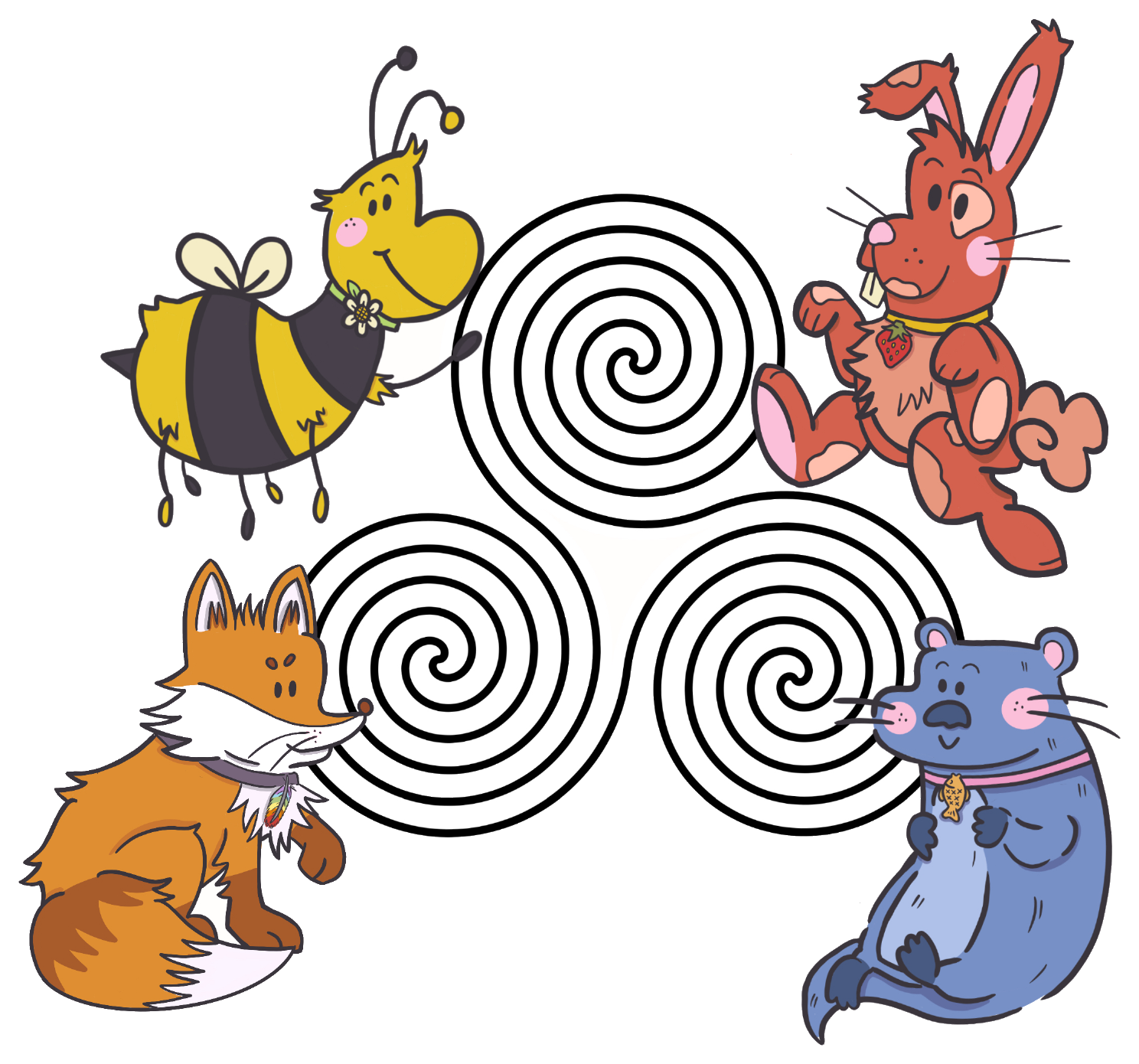 The Missoula Community School triple spiral with the Honeybee, Rabbit, Otter, and Fox critters around it
